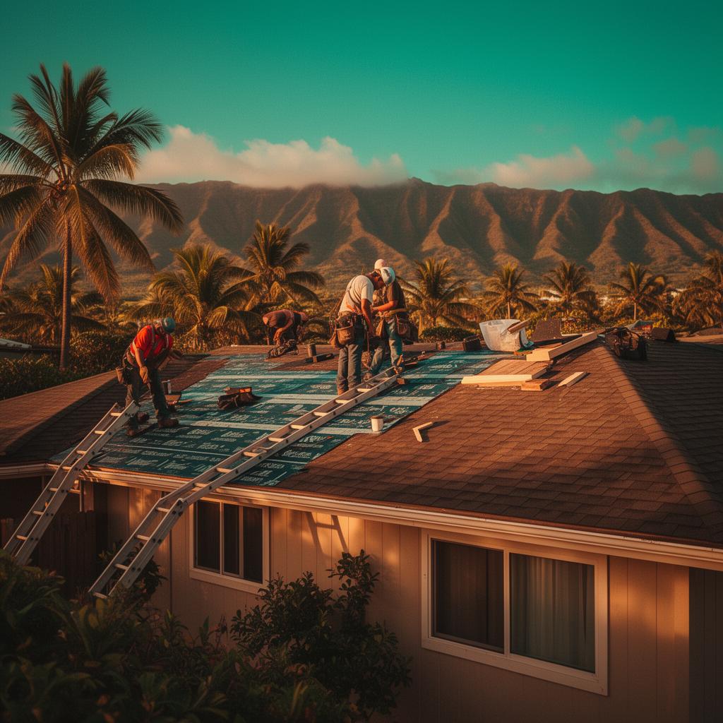 J&E crew installing a new residential roof in Waianae with the Waianae mountains in the background